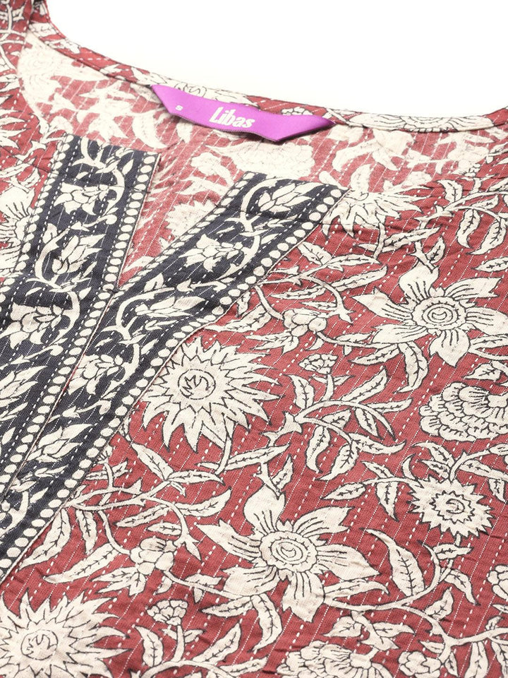 Maroon Printed Cotton Straight Kurta With Palazzos & Dupatta - Libas