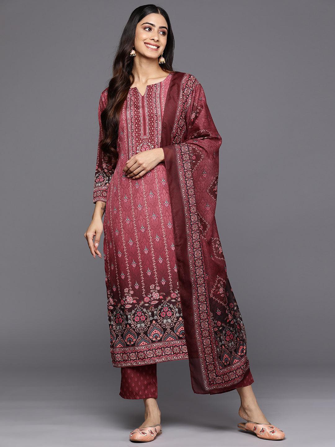 Maroon Printed Crepe Straight Suit Set With Trousers - Libas 