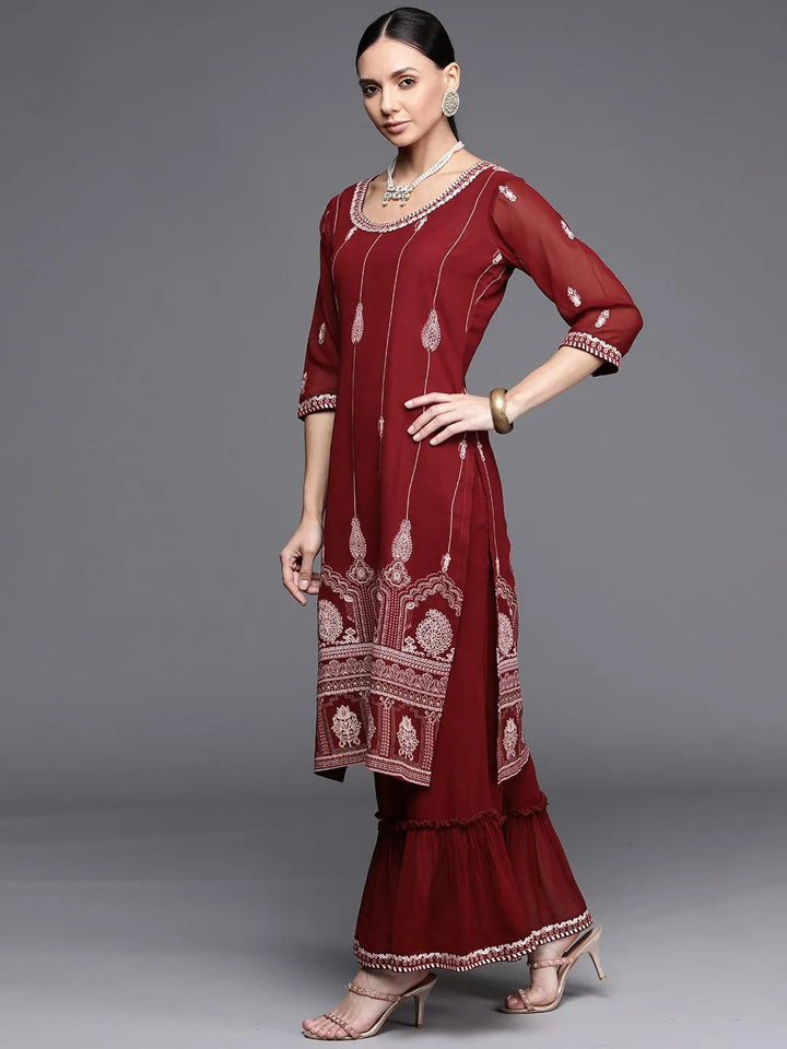 Maroon Printed Georgette Suit Set - Libas