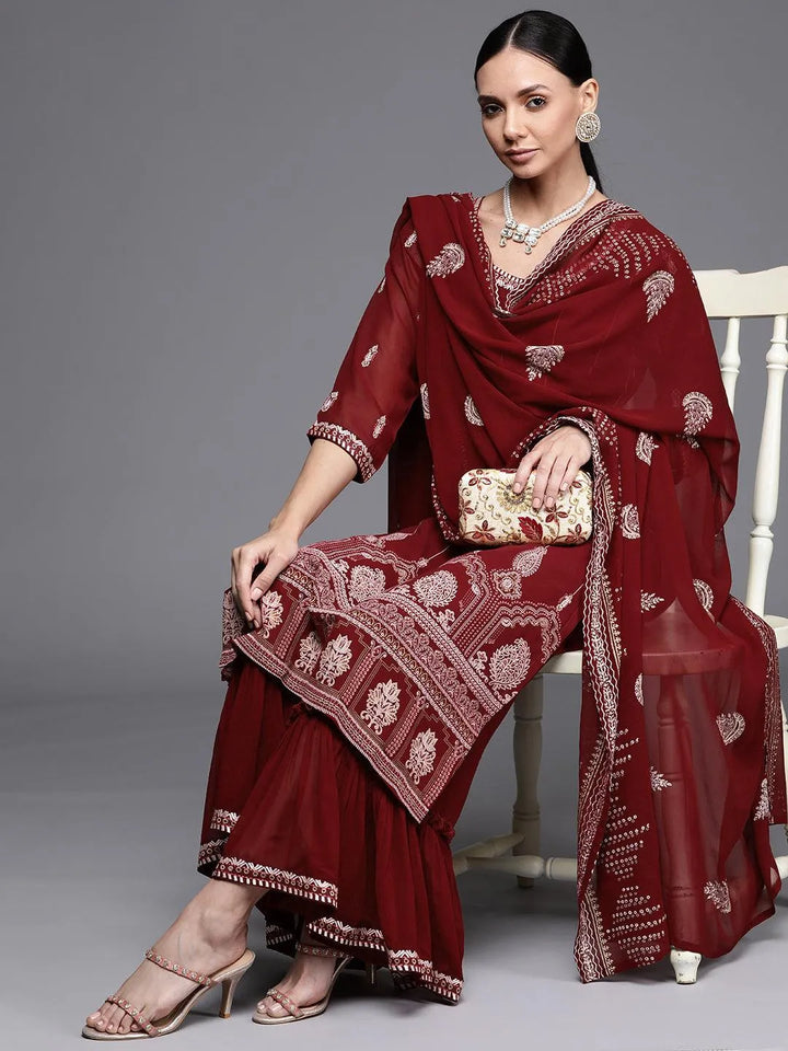 Maroon Printed Georgette Suit Set - Libas