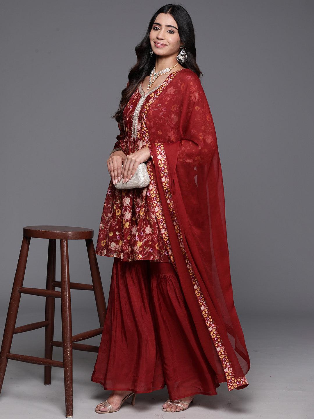 Maroon Printed Organza A-Line Kurta With Sharara & Dupatta - Libas 