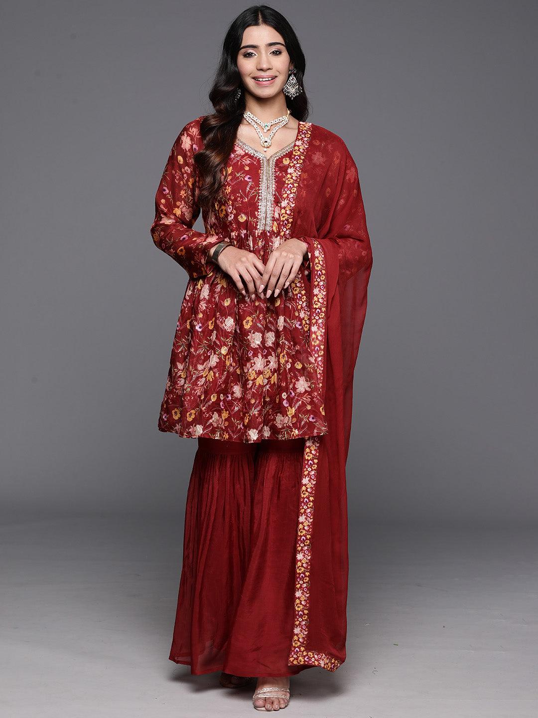 Maroon Printed Organza A-Line Kurta With Sharara & Dupatta - Libas 