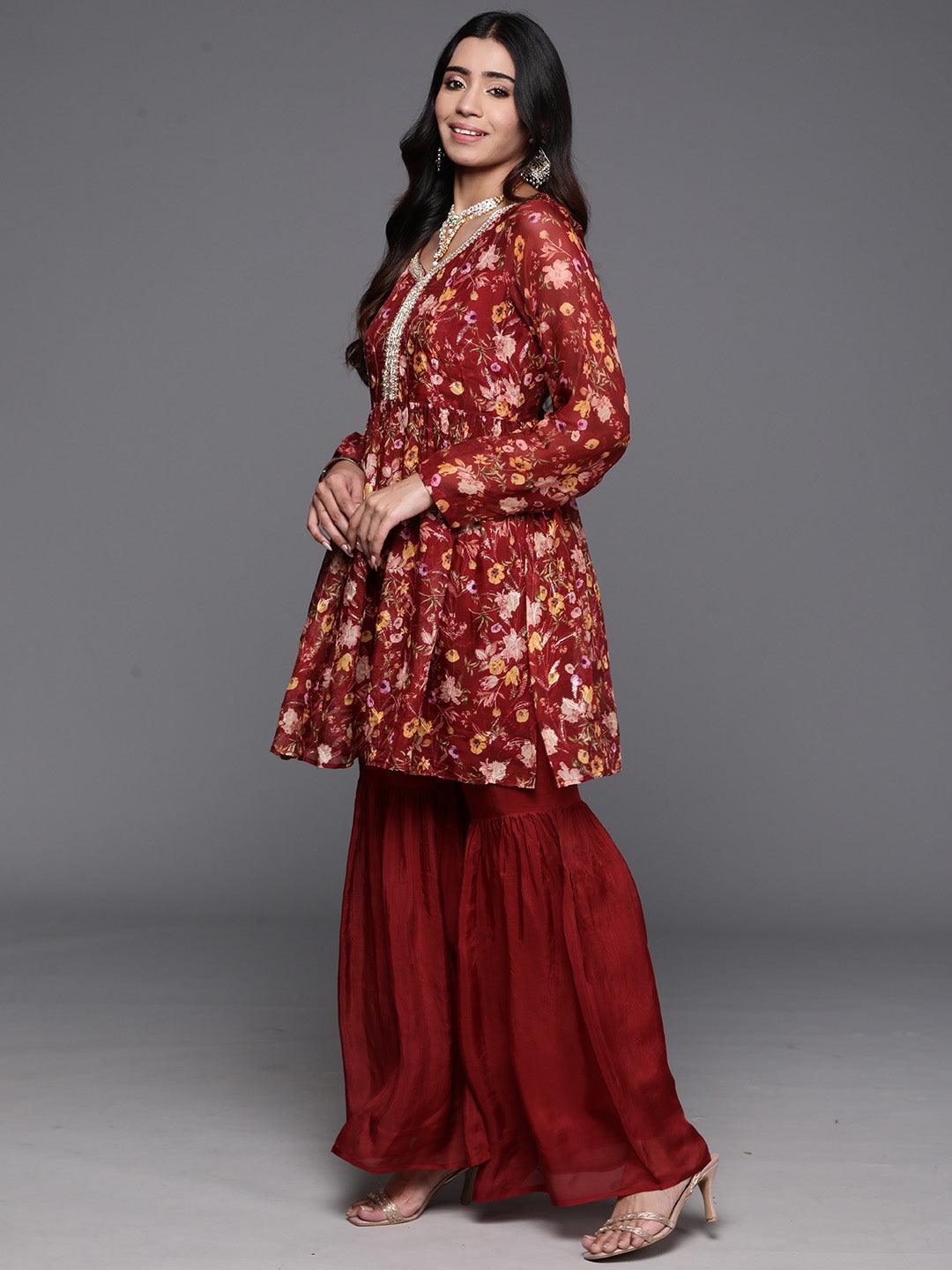 Maroon Printed Organza A-Line Kurta With Sharara & Dupatta - Libas 