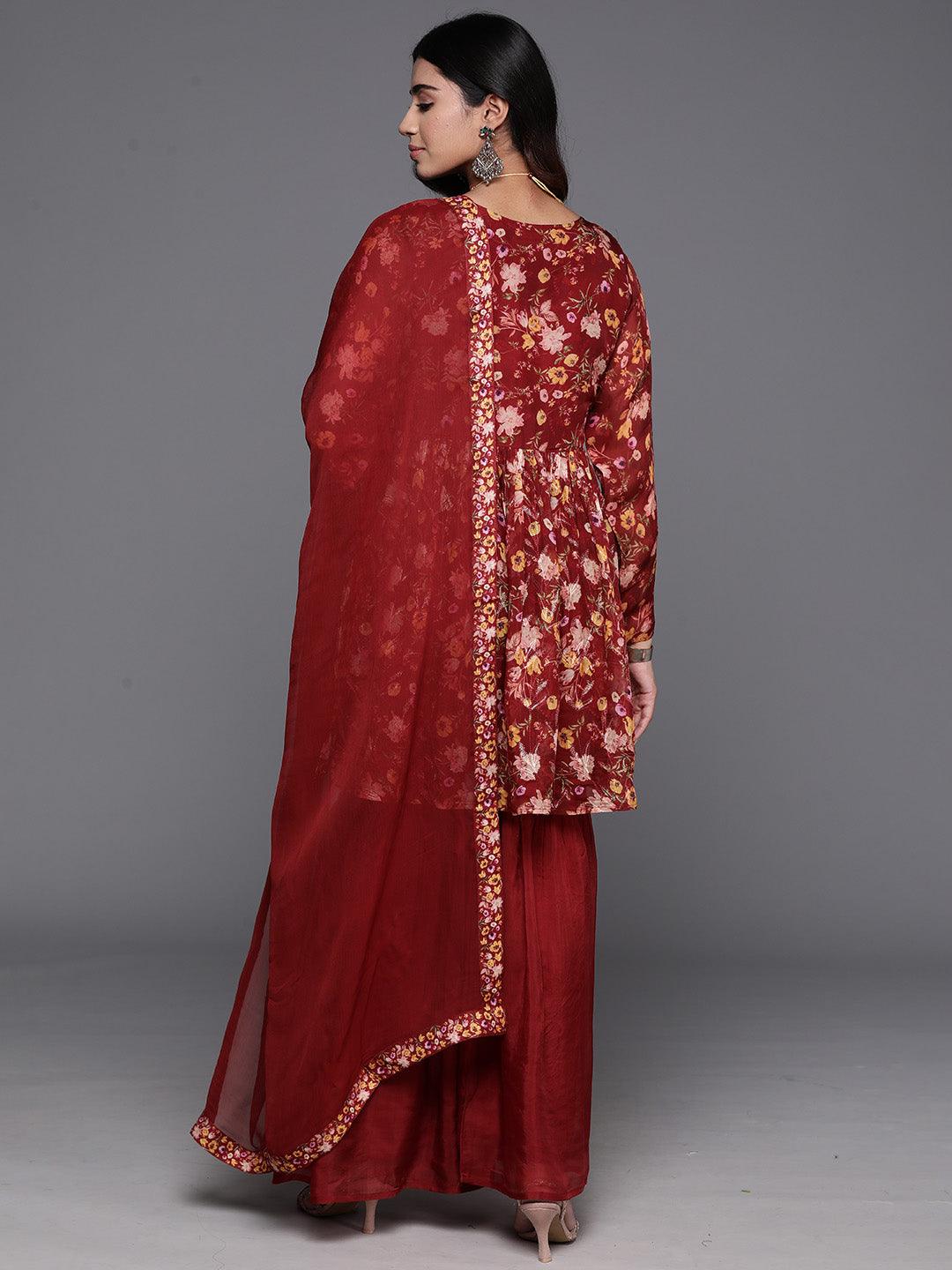 Maroon Printed Organza A-Line Kurta With Sharara & Dupatta - Libas 