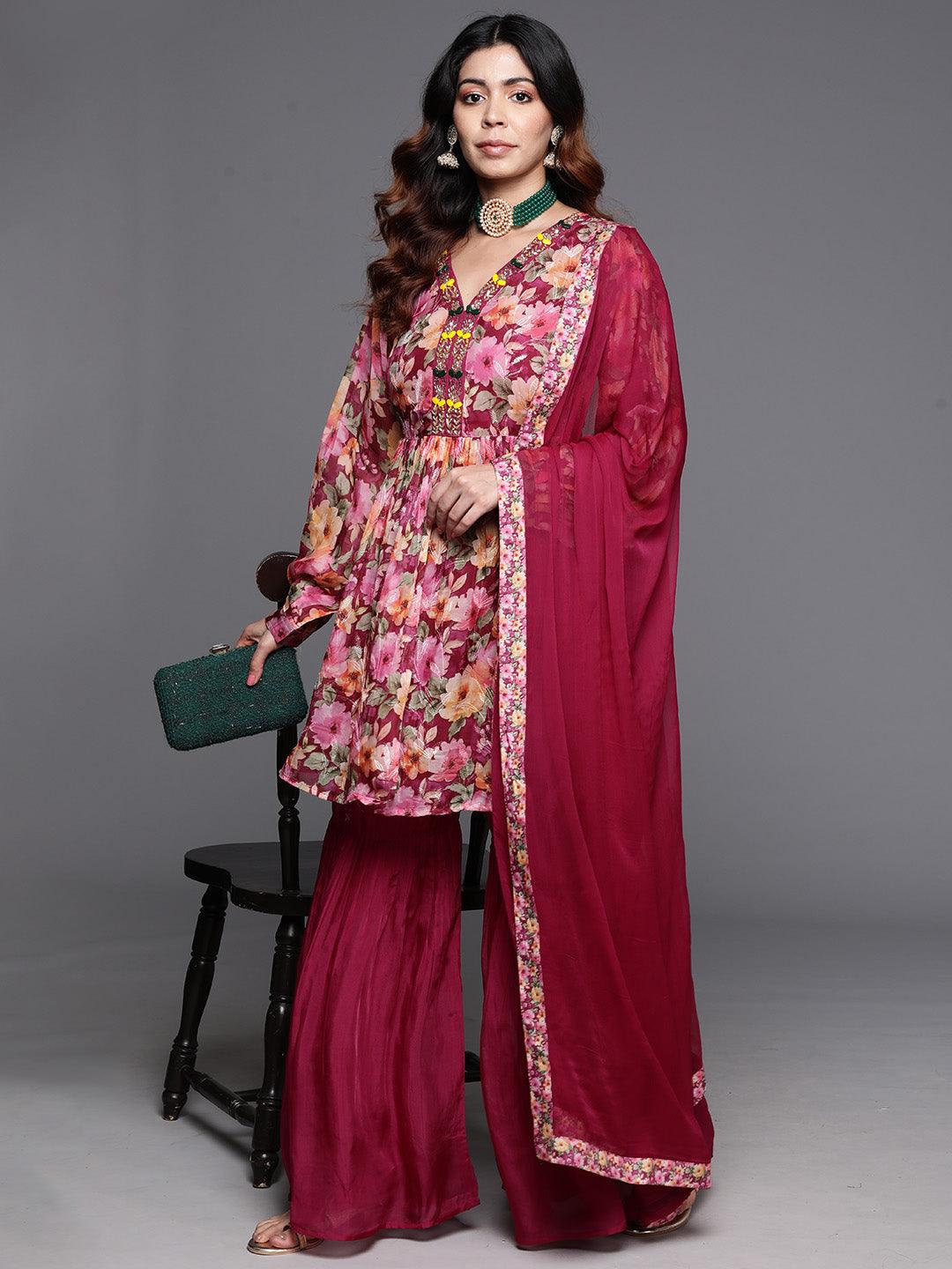 Maroon Printed Organza A-Line Kurta With Sharara & Dupatta - Libas