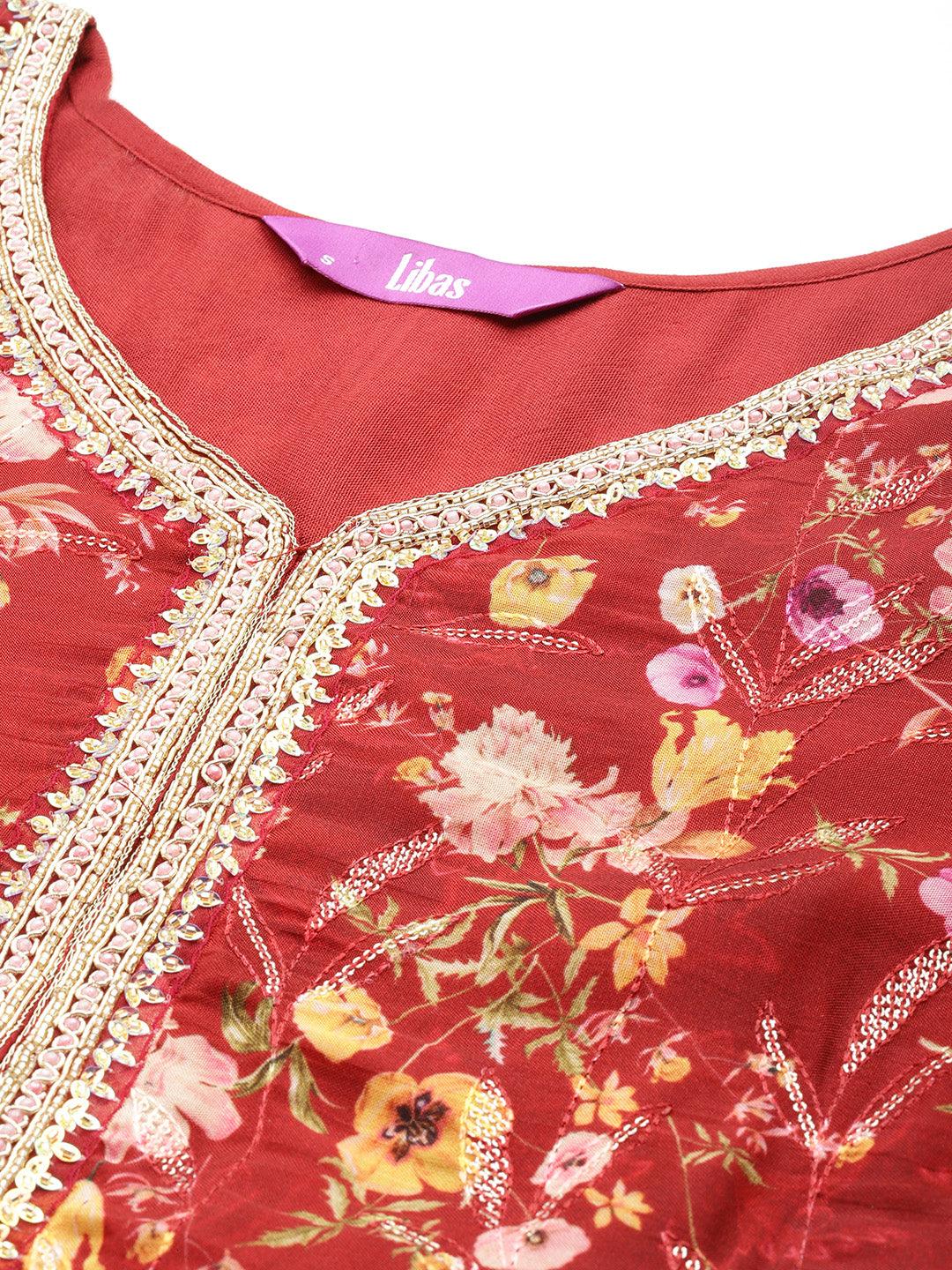 Maroon Printed Organza A-Line Kurta With Sharara & Dupatta - Libas 