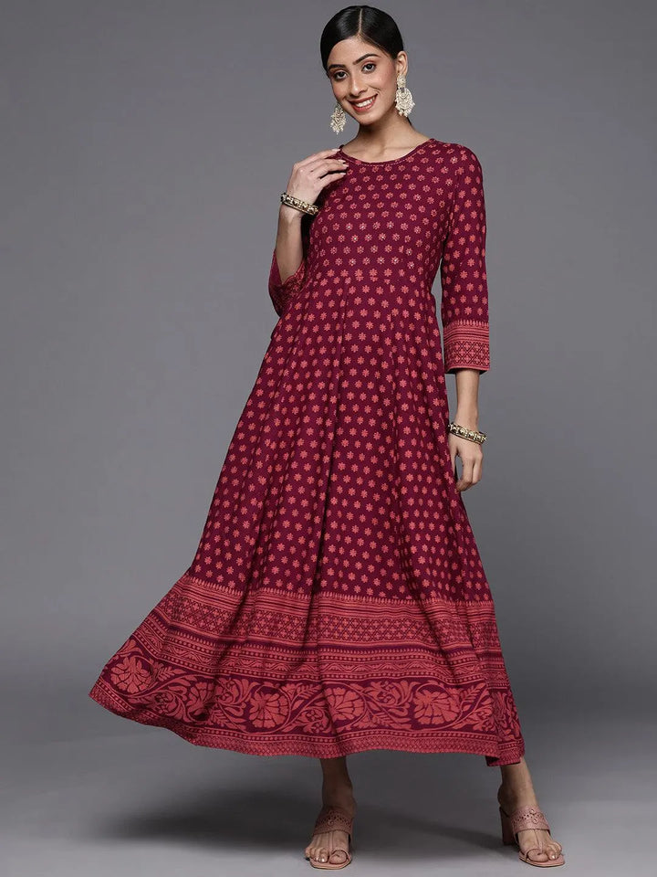 Maroon Printed Rayon A-Line Dress - Libas