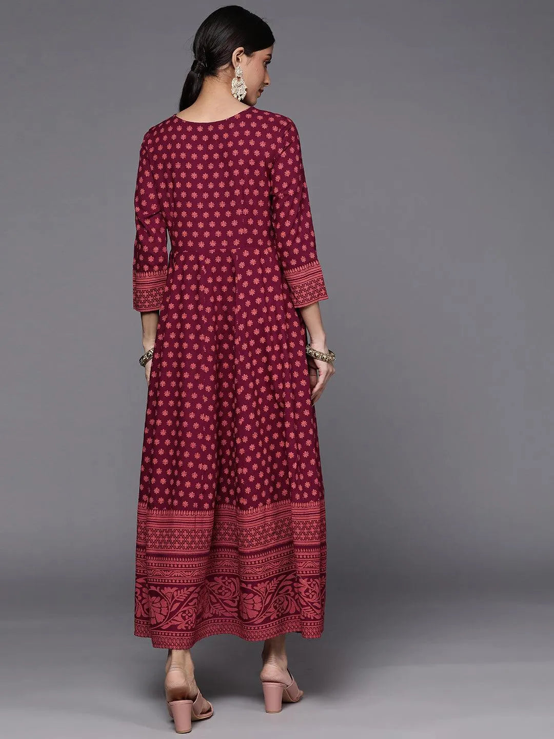 Maroon Printed Rayon A-Line Dress - Libas 