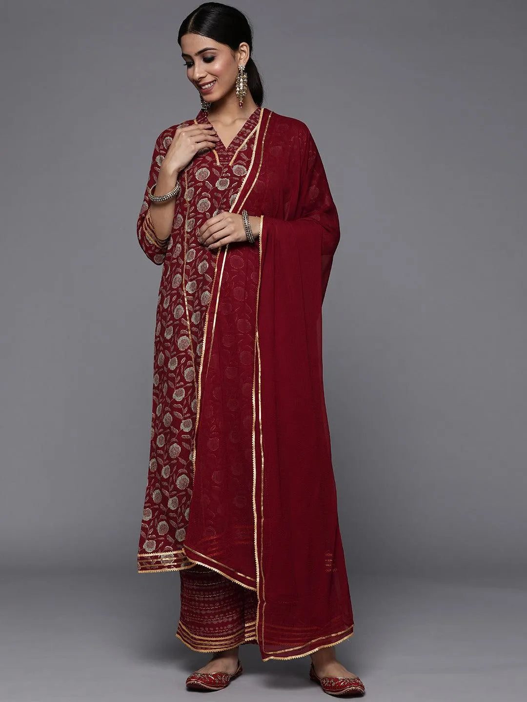 Maroon Printed Rayon A-Line Suit Set - Libas 