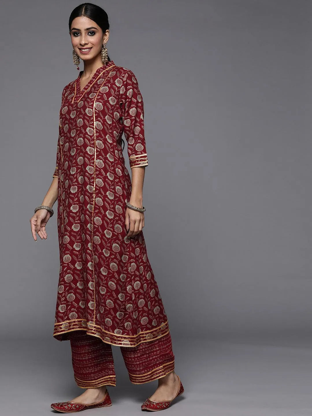 Maroon Printed Rayon A-Line Suit Set - Libas 