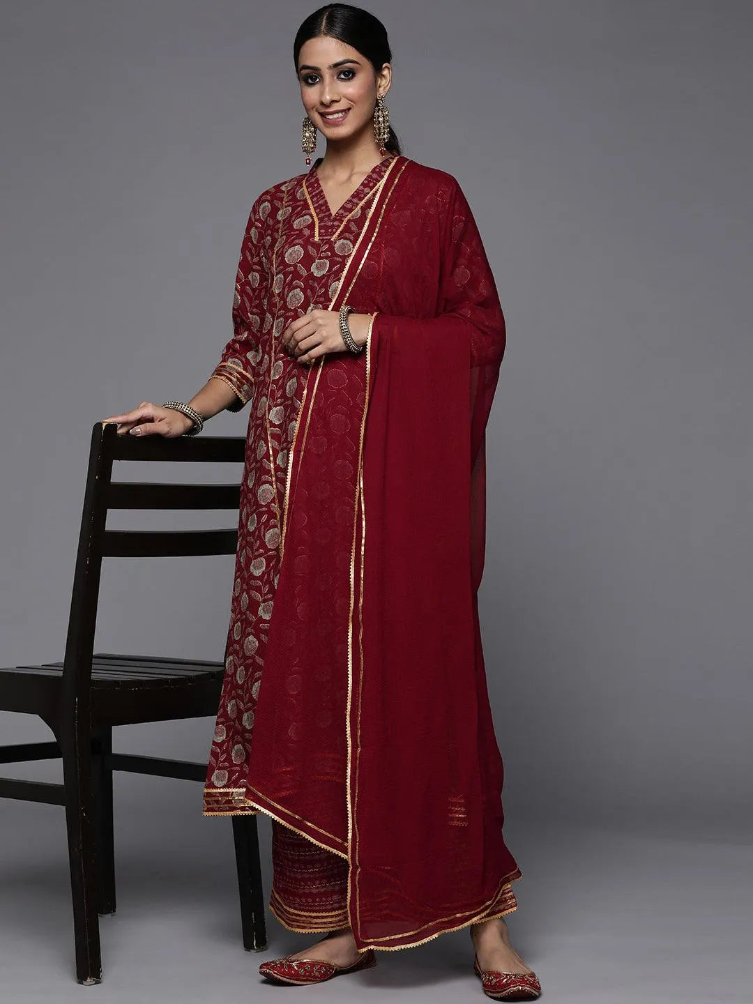 Maroon Printed Rayon A-Line Suit Set - Libas