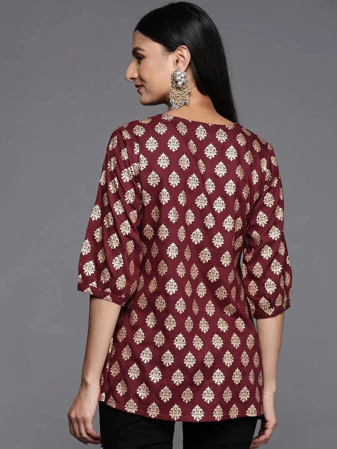 

Maroon Printed Rayon A-Line Kurti