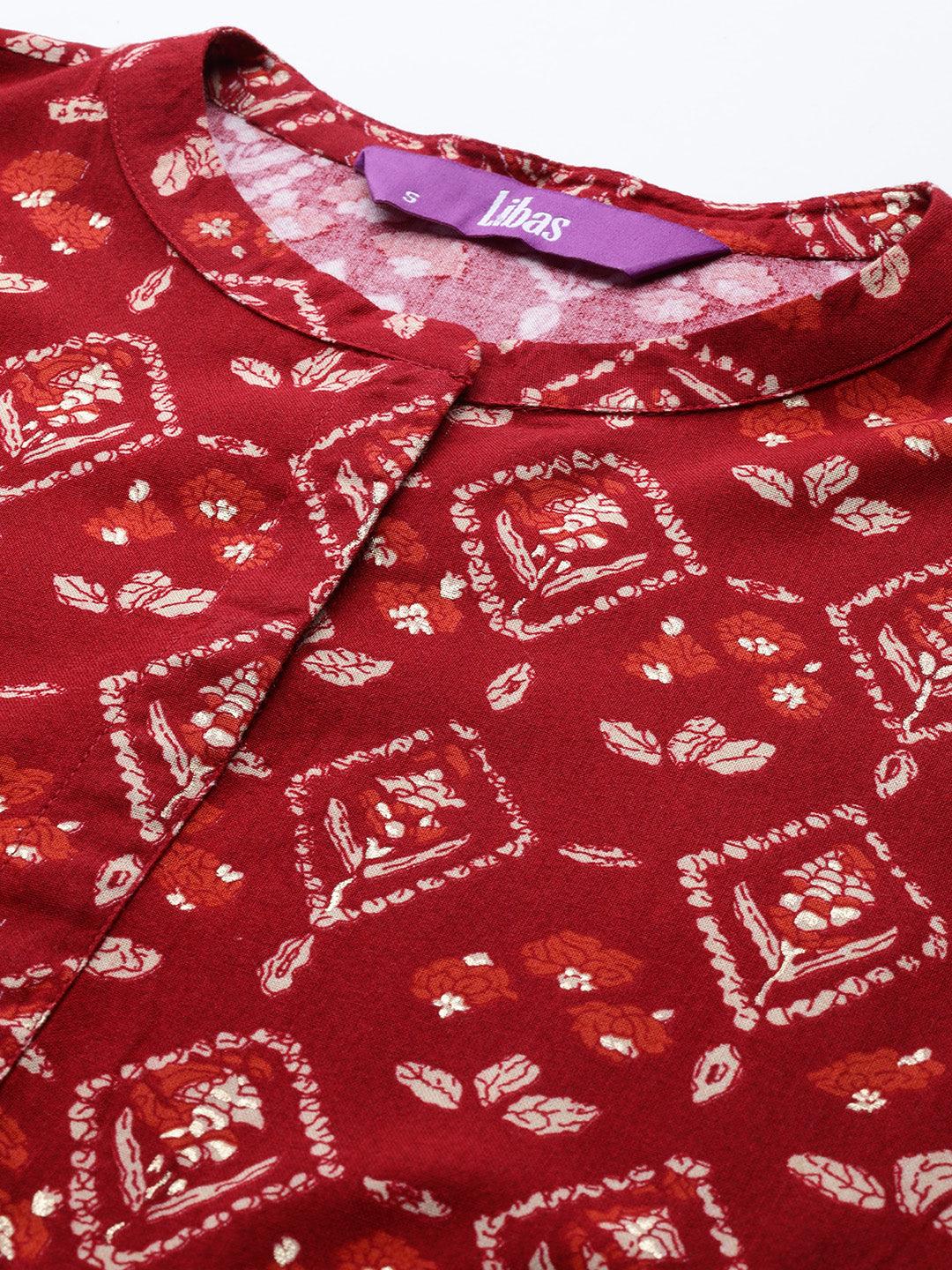 Maroon Printed Rayon A-Line Kurti - Libas 