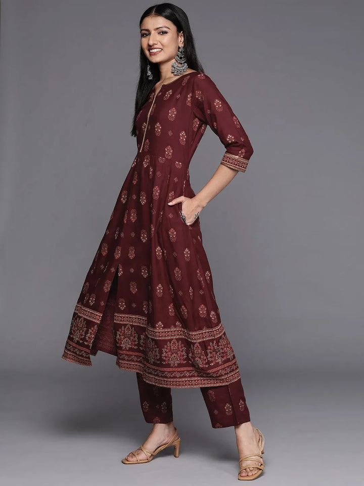 Maroon Printed Rayon Anarkali Kurta - Libas