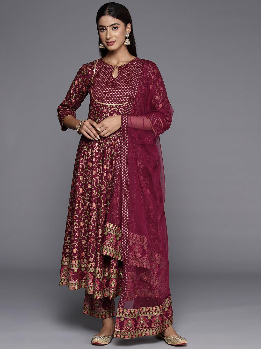 Maroon Printed Rayon Anarkali Kurta With Trousers & Dupatta - Libas