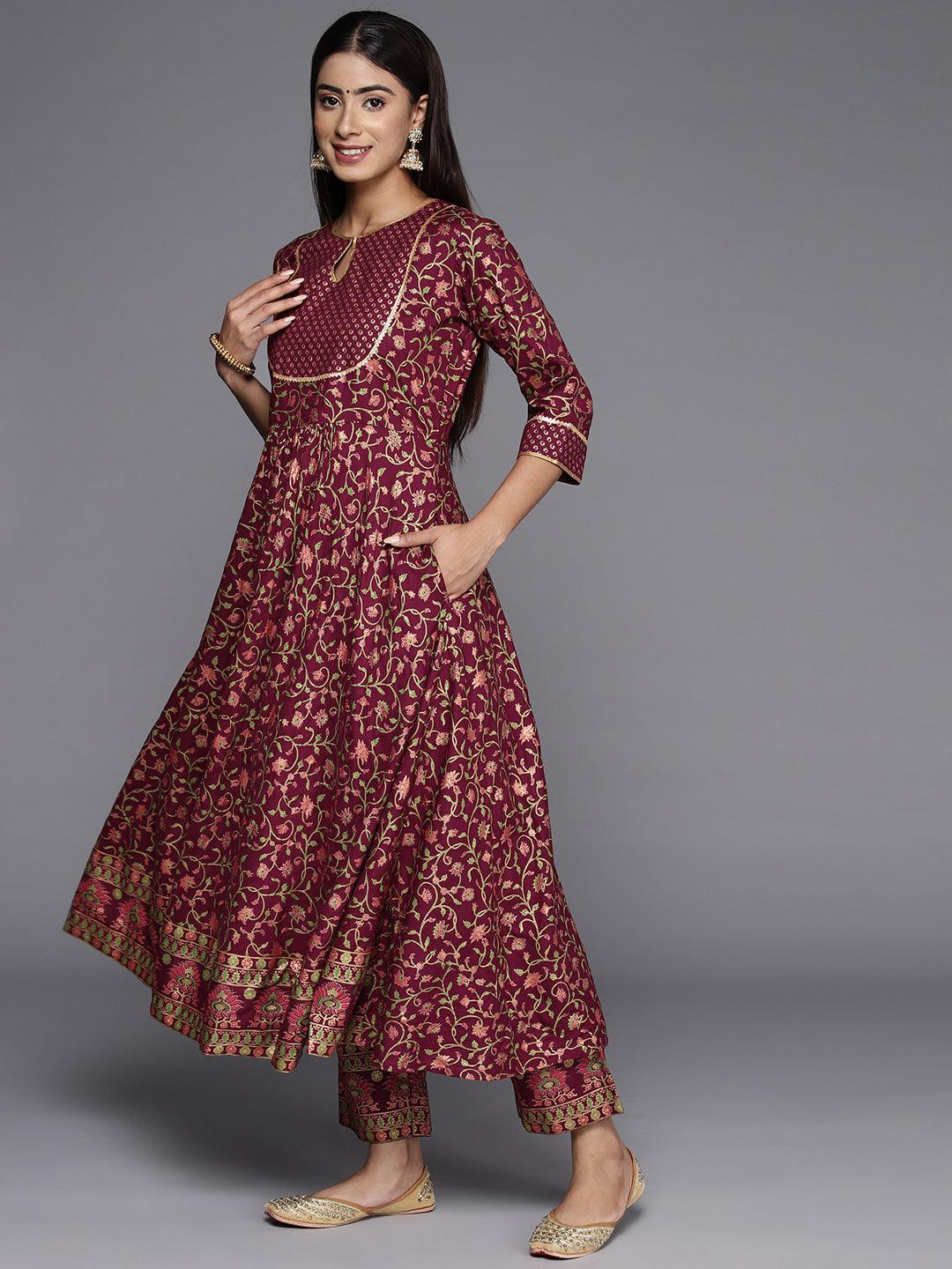 Maroon Printed Rayon Anarkali Kurta With Trousers & Dupatta - Libas