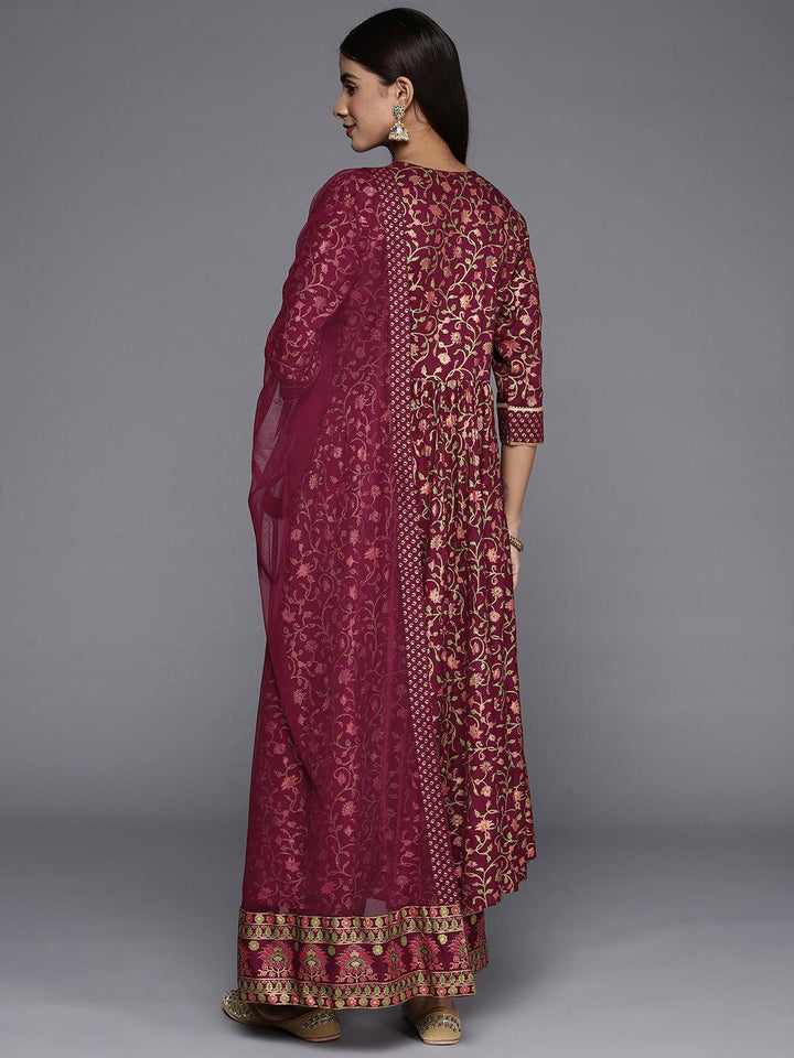 Maroon Printed Rayon Anarkali Kurta With Trousers & Dupatta - Libas