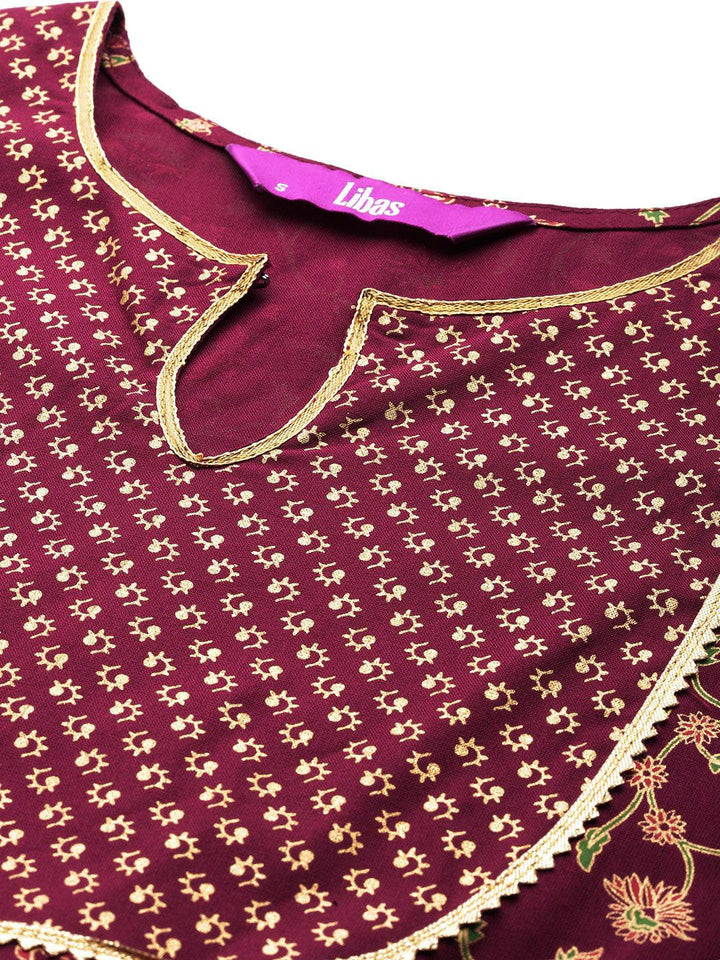 Maroon Printed Rayon Anarkali Kurta With Trousers & Dupatta - Libas