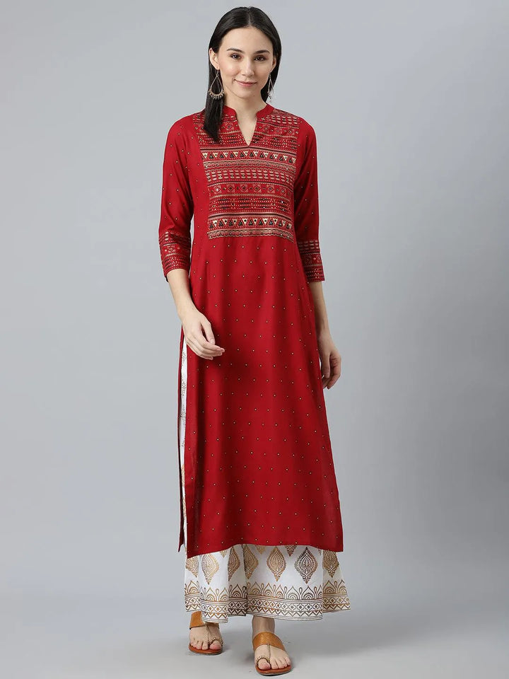 Maroon Printed Rayon Kurta - Libas