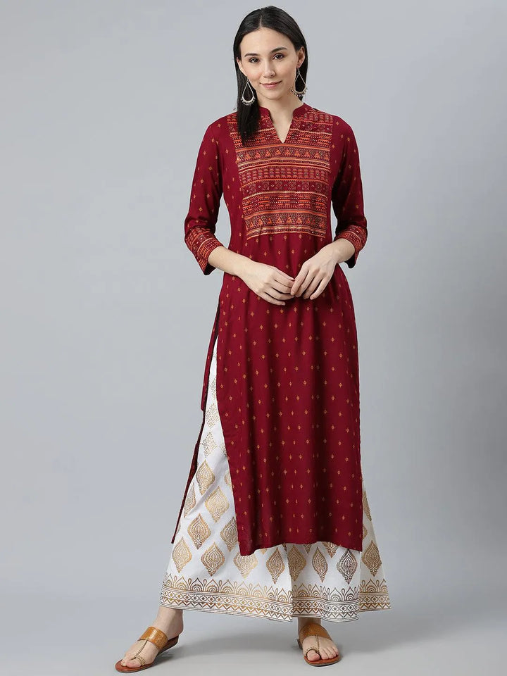 Maroon Printed Rayon Kurta - Libas