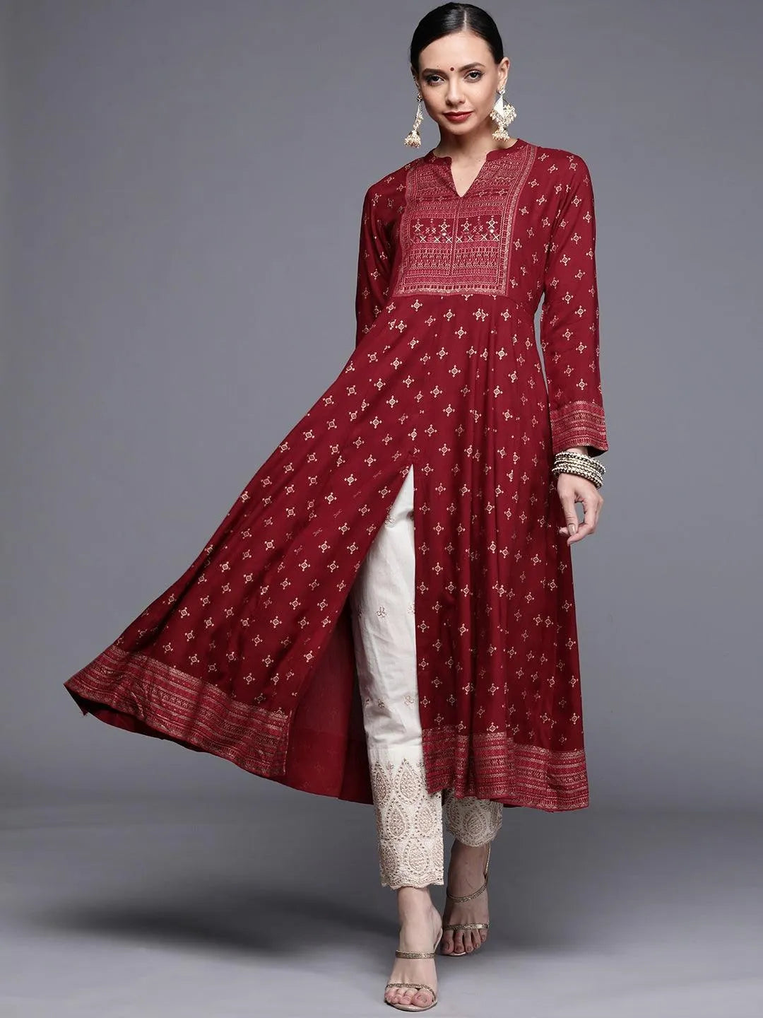 Maroon Printed Rayon Kurta - Libas