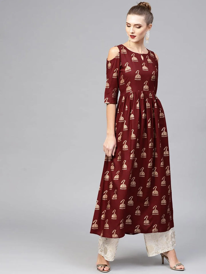 Maroon Printed Rayon Kurta - Libas