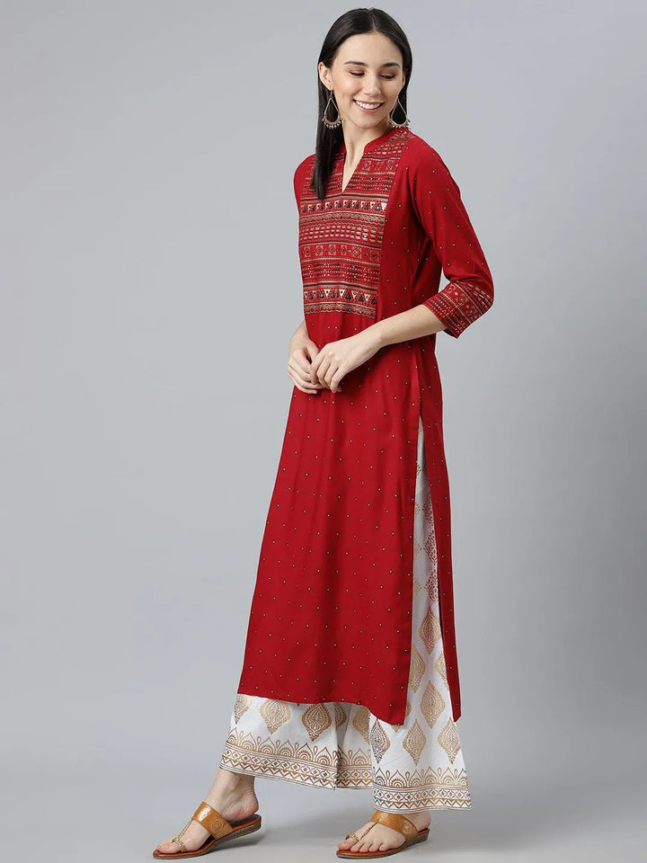 Maroon Printed Rayon Kurta - Libas