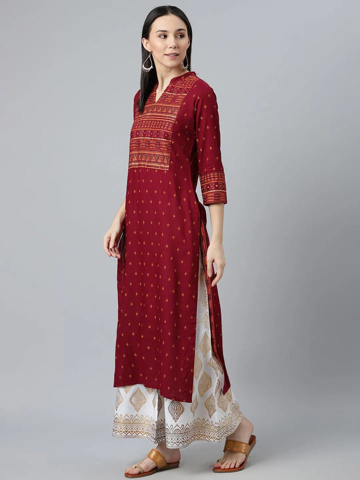 Maroon Printed Rayon Kurta - Libas