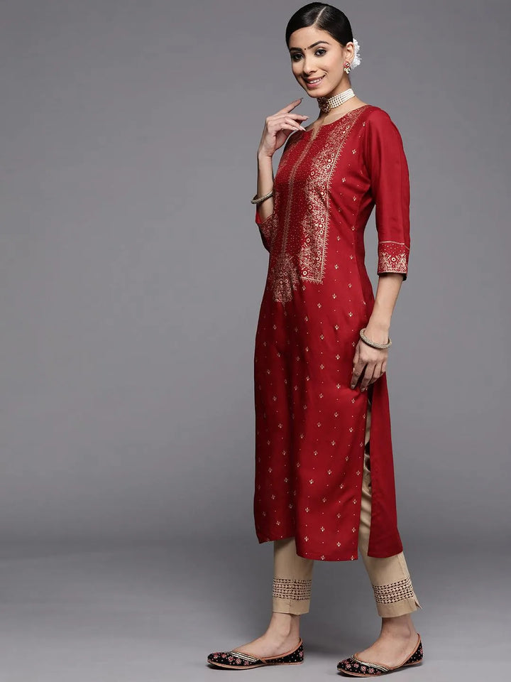 Maroon Printed Rayon Kurta - Libas