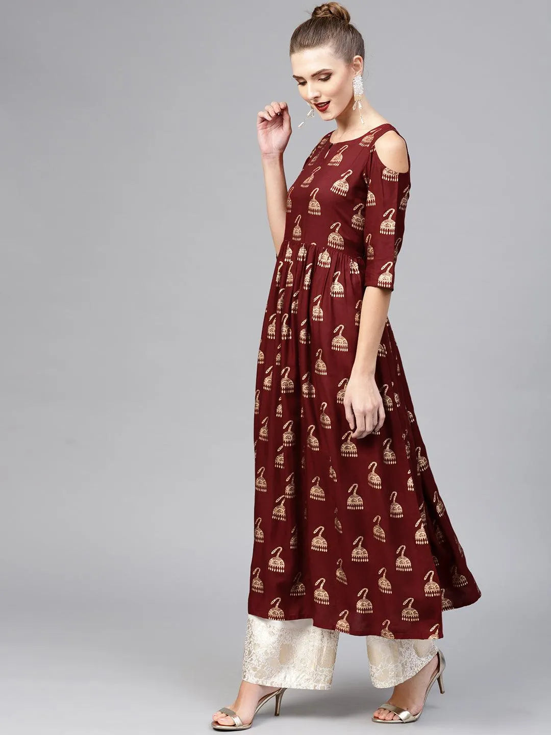 Maroon Printed Rayon Kurta - Libas