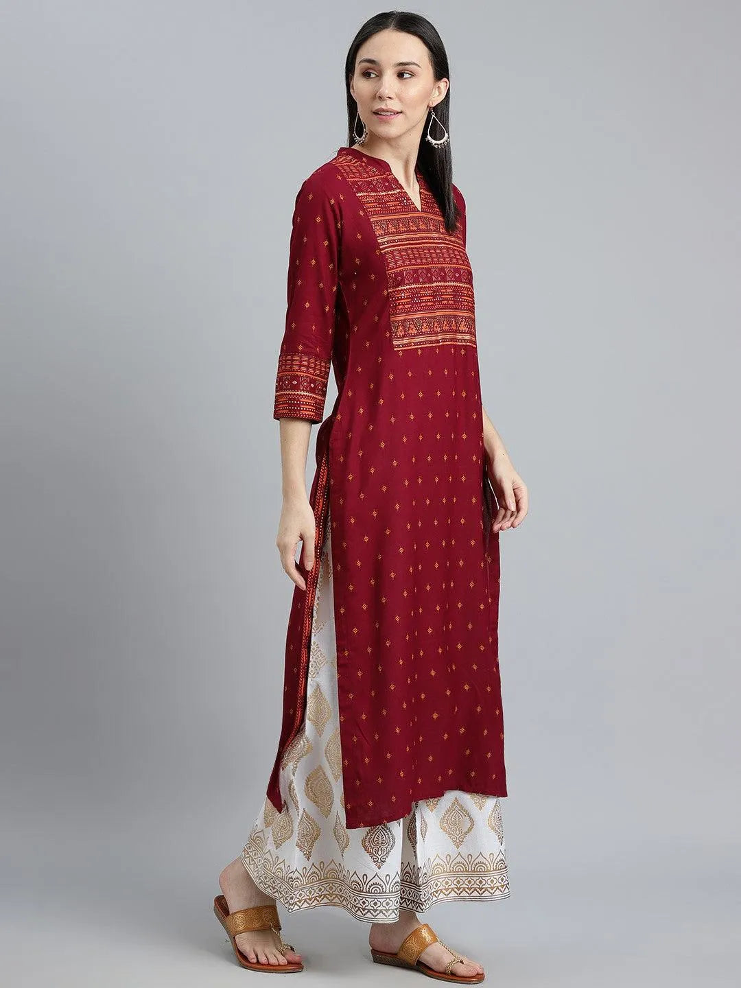 Maroon Printed Rayon Kurta - Libas