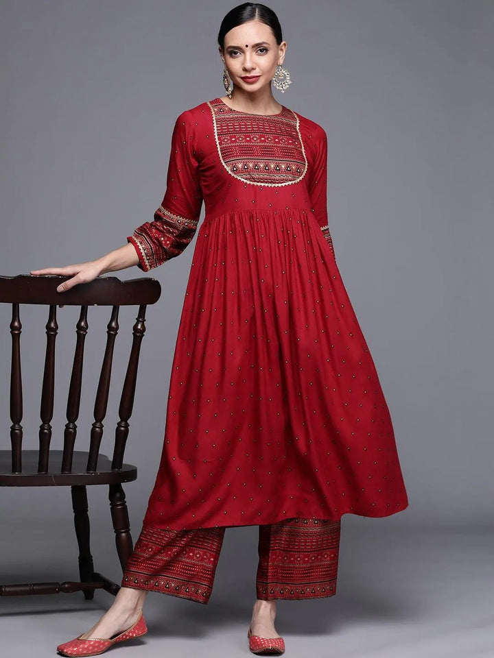 Maroon Printed Rayon Kurta - Libas