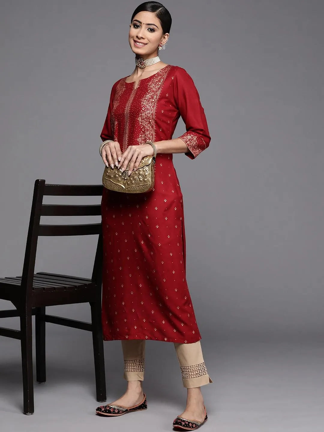 Maroon Printed Rayon Kurta - Libas