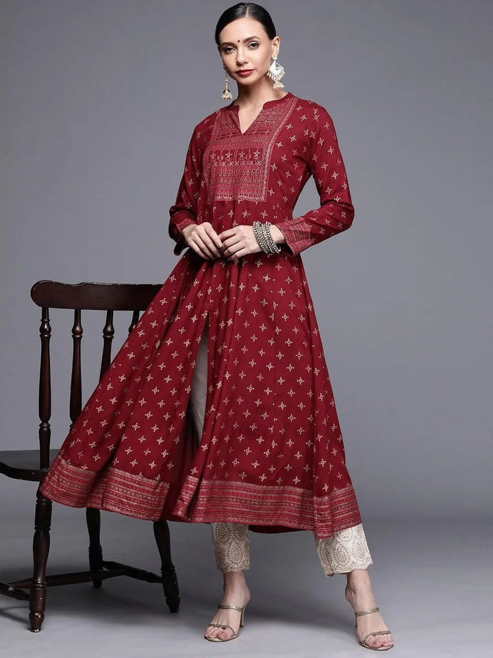 Maroon Printed Rayon Kurta - Libas