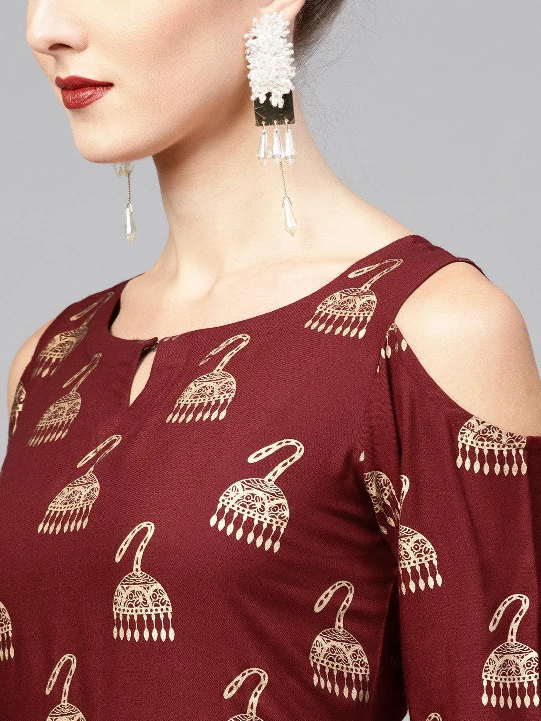 Maroon Printed Rayon Kurta - Libas