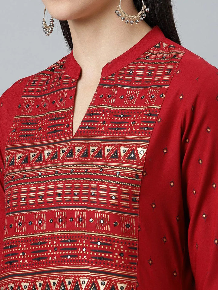 Maroon Printed Rayon Kurta - Libas