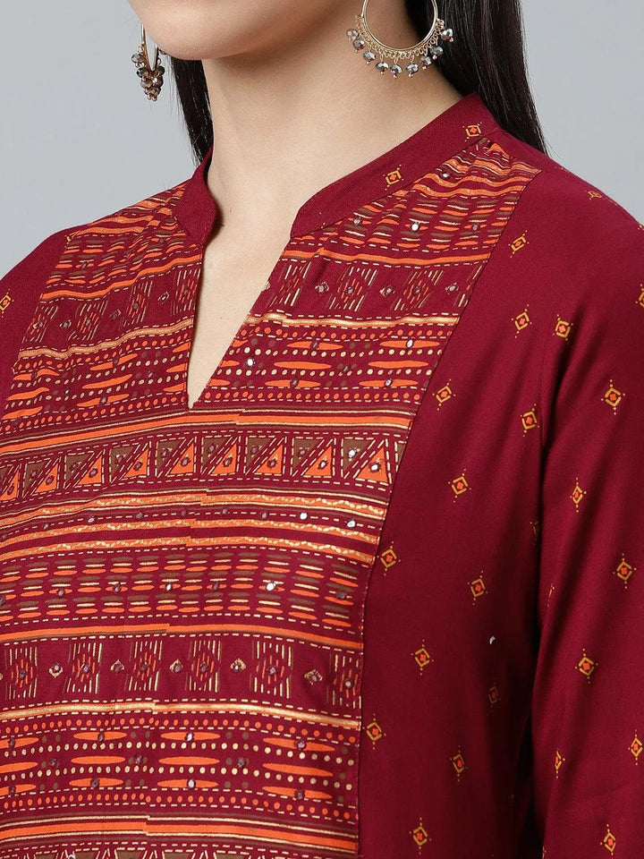 Maroon Printed Rayon Kurta - Libas