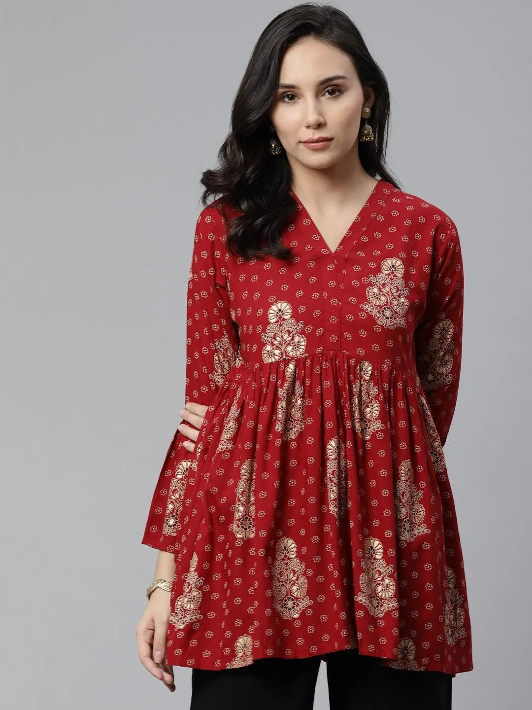 Maroon Printed Rayon Kurti - Libas