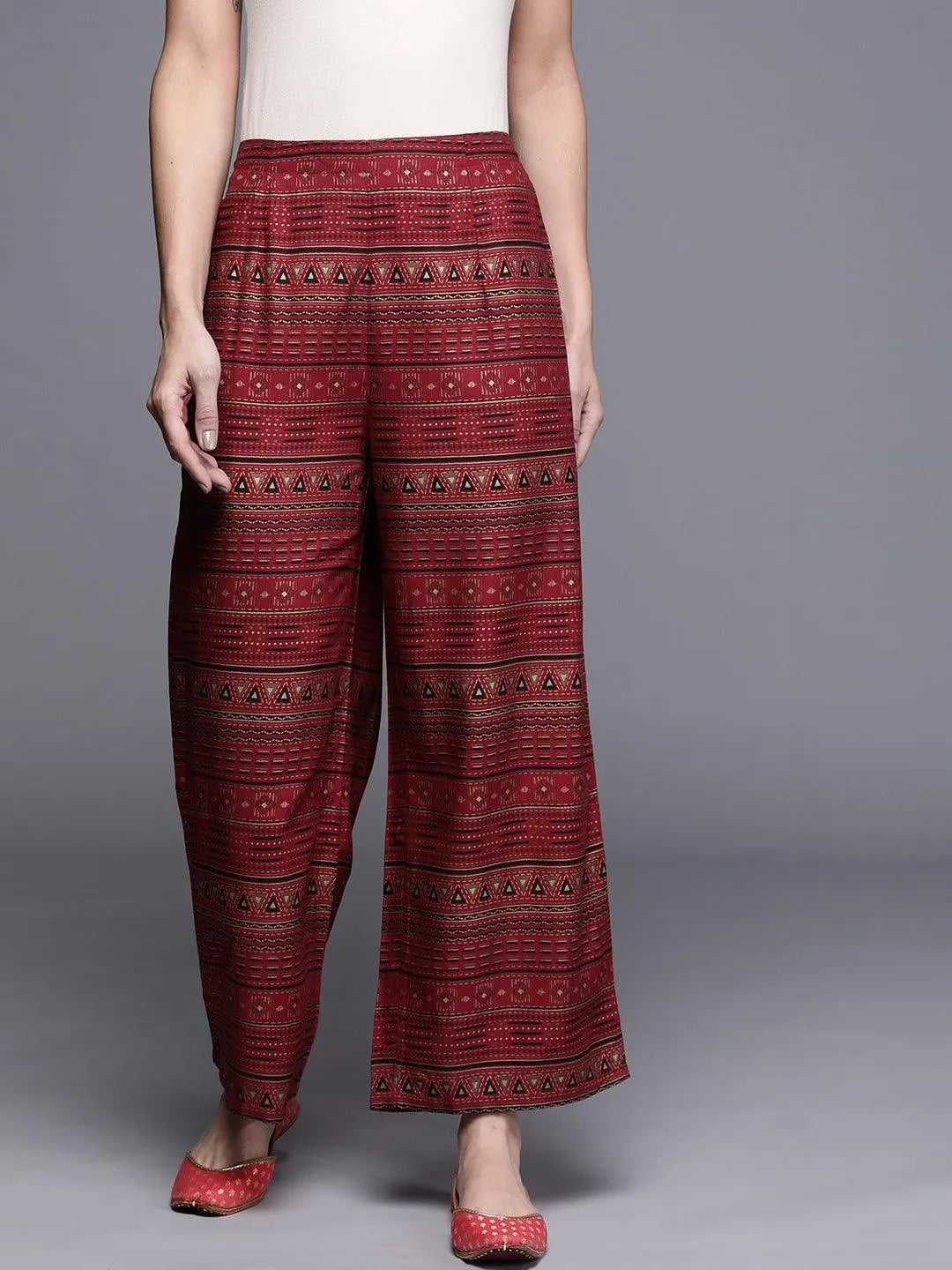 Maroon Printed Rayon Palazzos - Libas