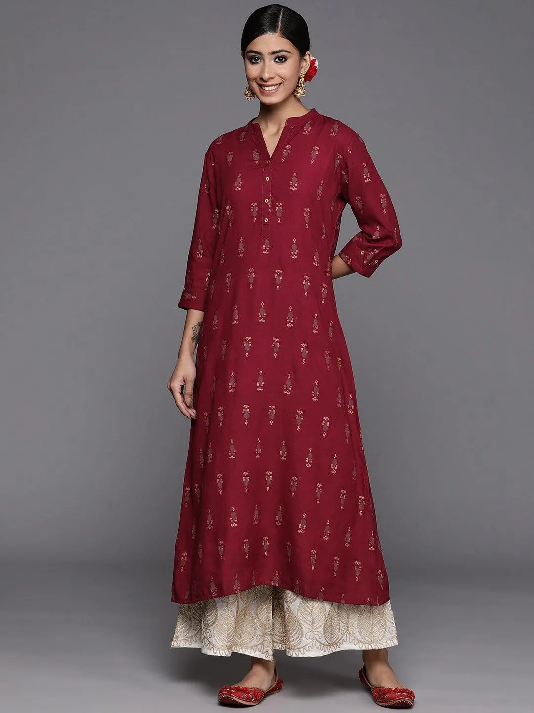 Maroon Printed Rayon Straight Kurta - Libas