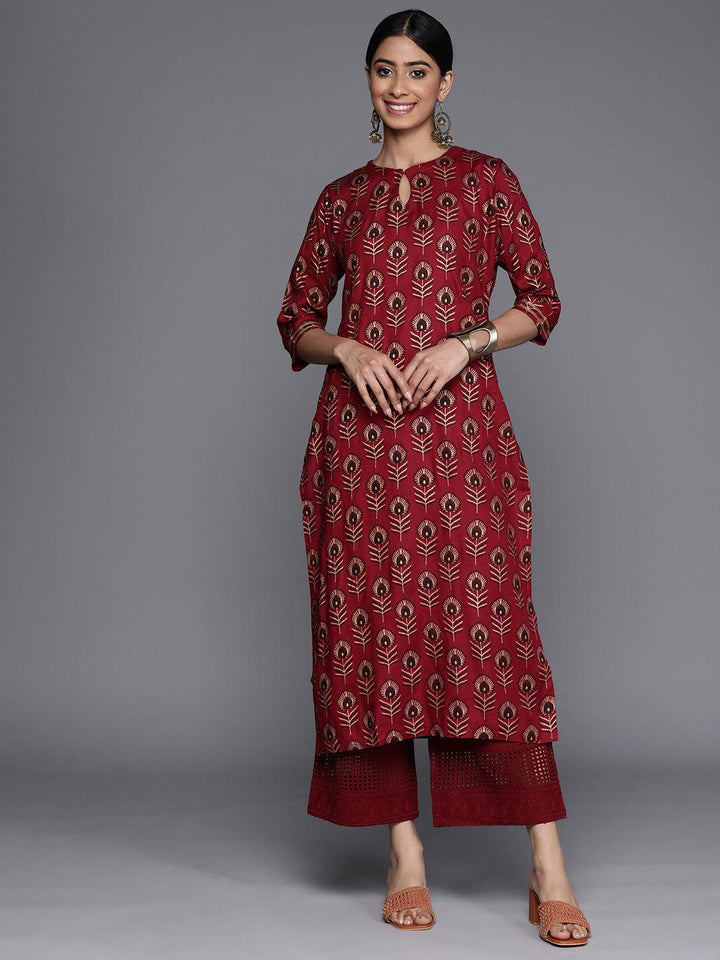 Maroon Printed Rayon Straight Kurta - Libas