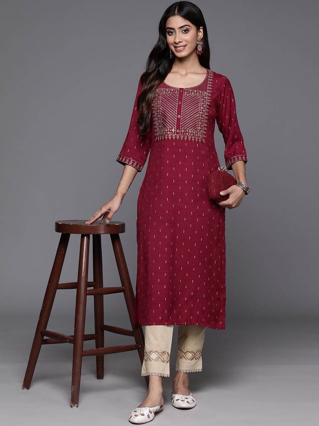 Maroon Printed Rayon Straight Kurta - Libas