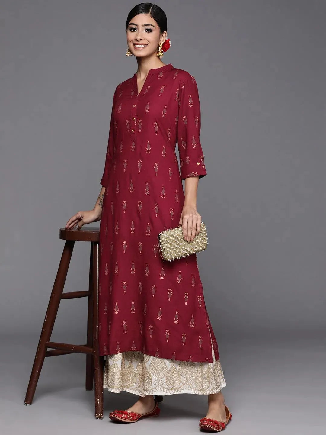 Maroon Printed Rayon Straight Kurta - Libas