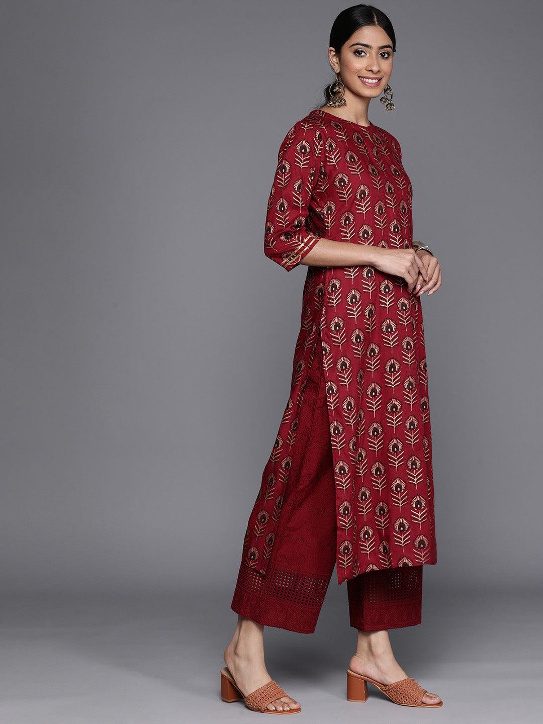 Maroon Printed Rayon Straight Kurta - Libas