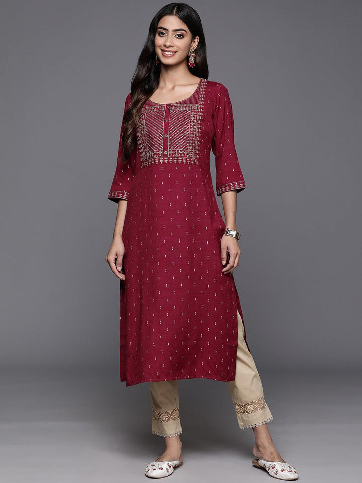 Maroon Printed Rayon Straight Kurta - Libas