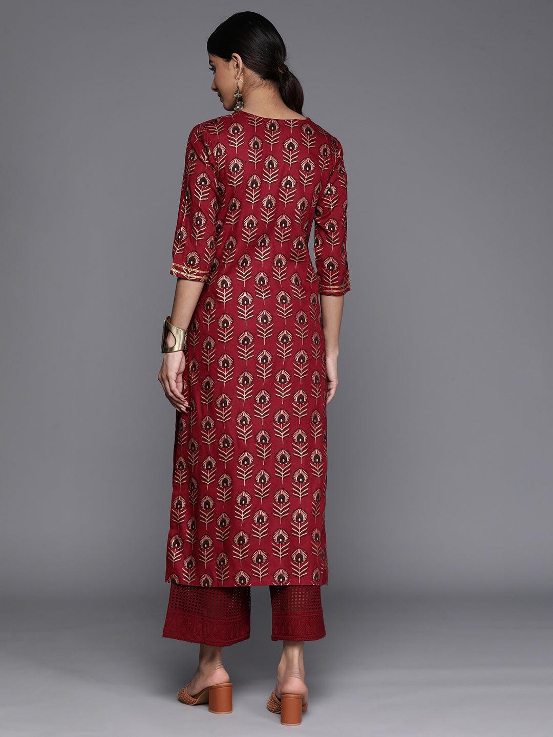 Maroon Printed Rayon Straight Kurta - Libas