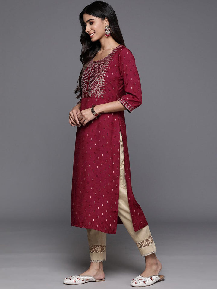 Maroon Printed Rayon Straight Kurta - Libas