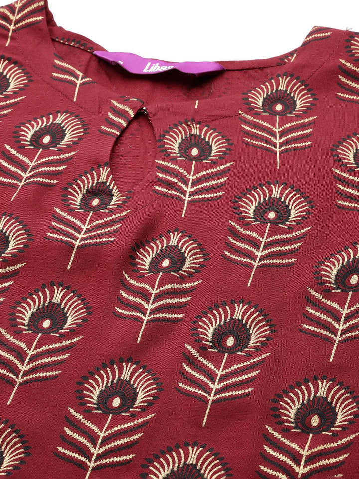 Maroon Printed Rayon Straight Kurta - Libas