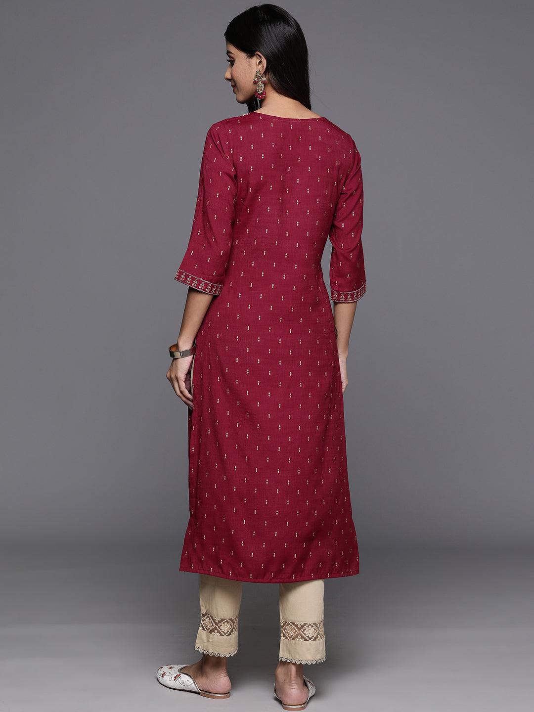 Maroon Printed Rayon Straight Kurta - Libas