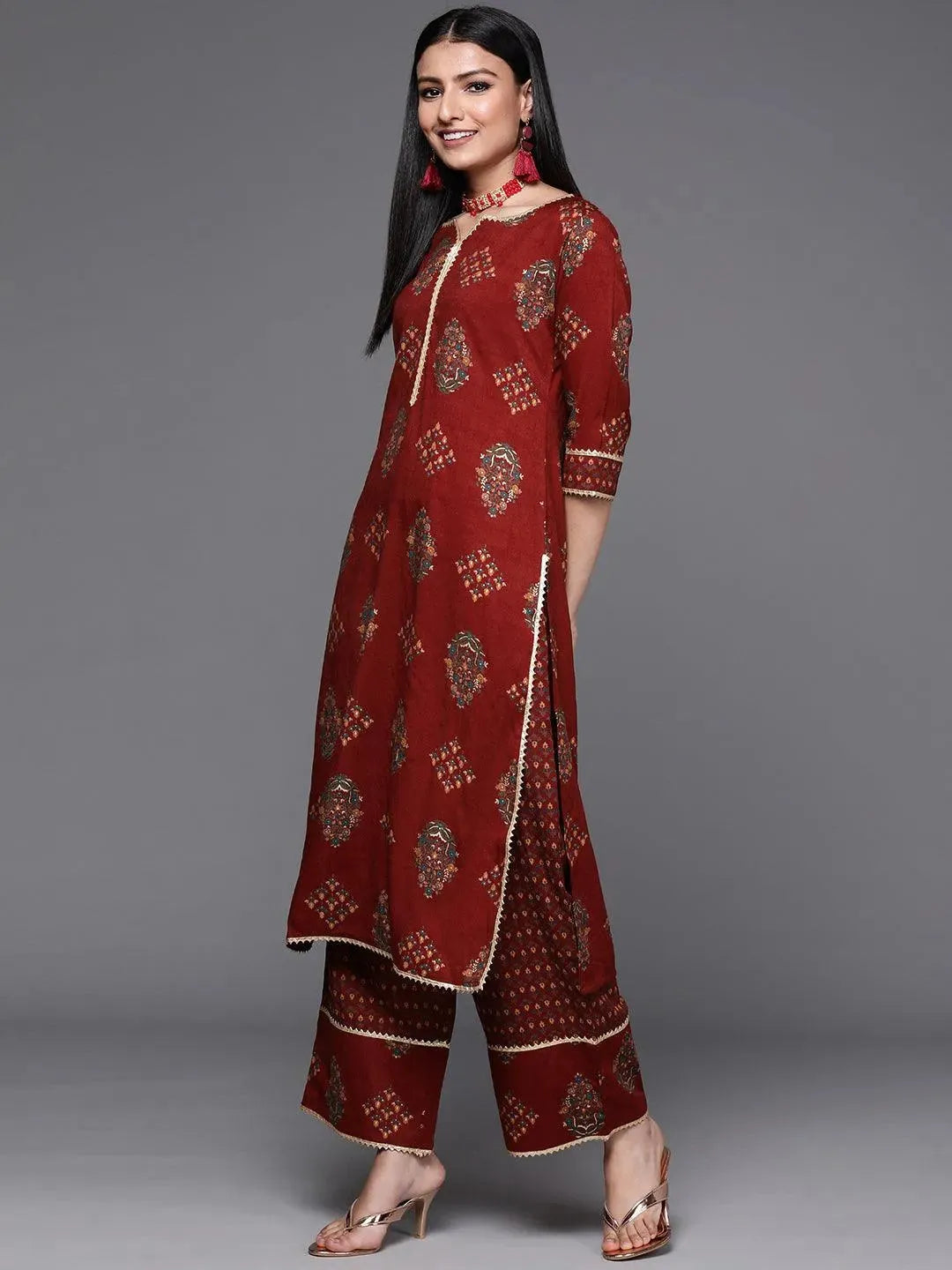 

Maroon Printed Rayon Straight Kurta With Palazzos & Dupatta